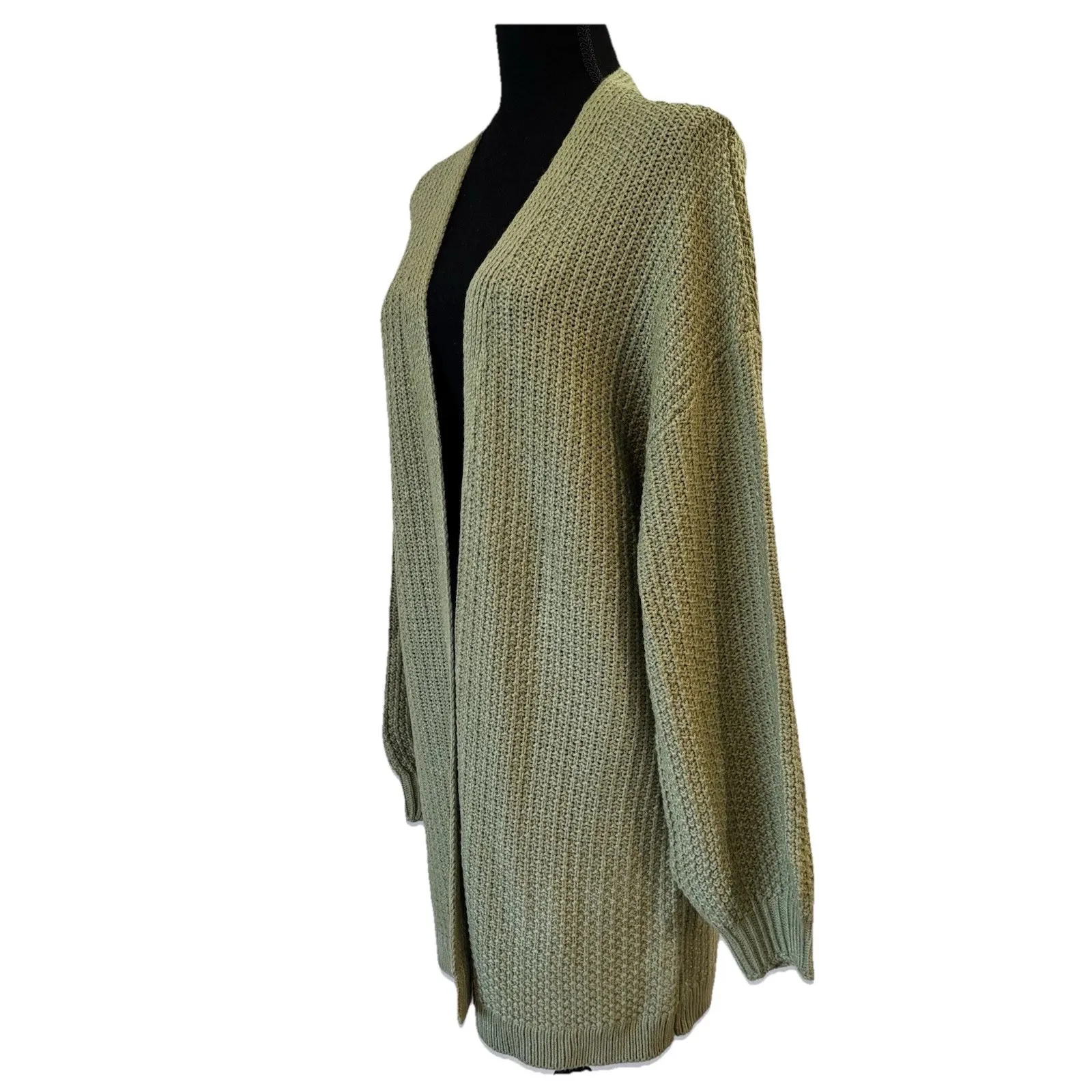 MEROKEETY Fashion Cozy Olive Green Textured Knit Open Front Cardigan Size Small - Image 3
