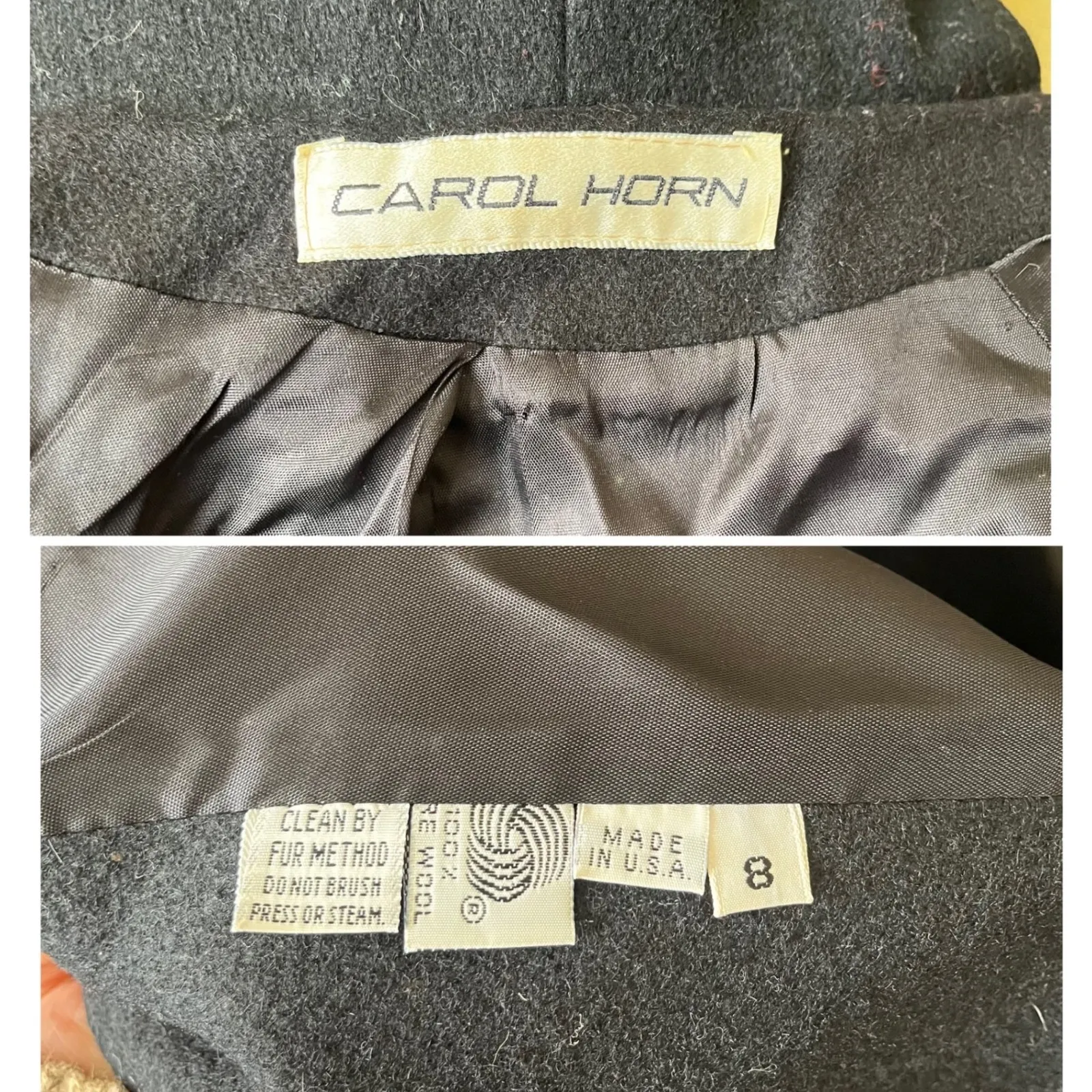 Vintage Carol Horn Black Hooded Wool Coat with Faux Fur Trim & Brass Closure 8 - Image 7