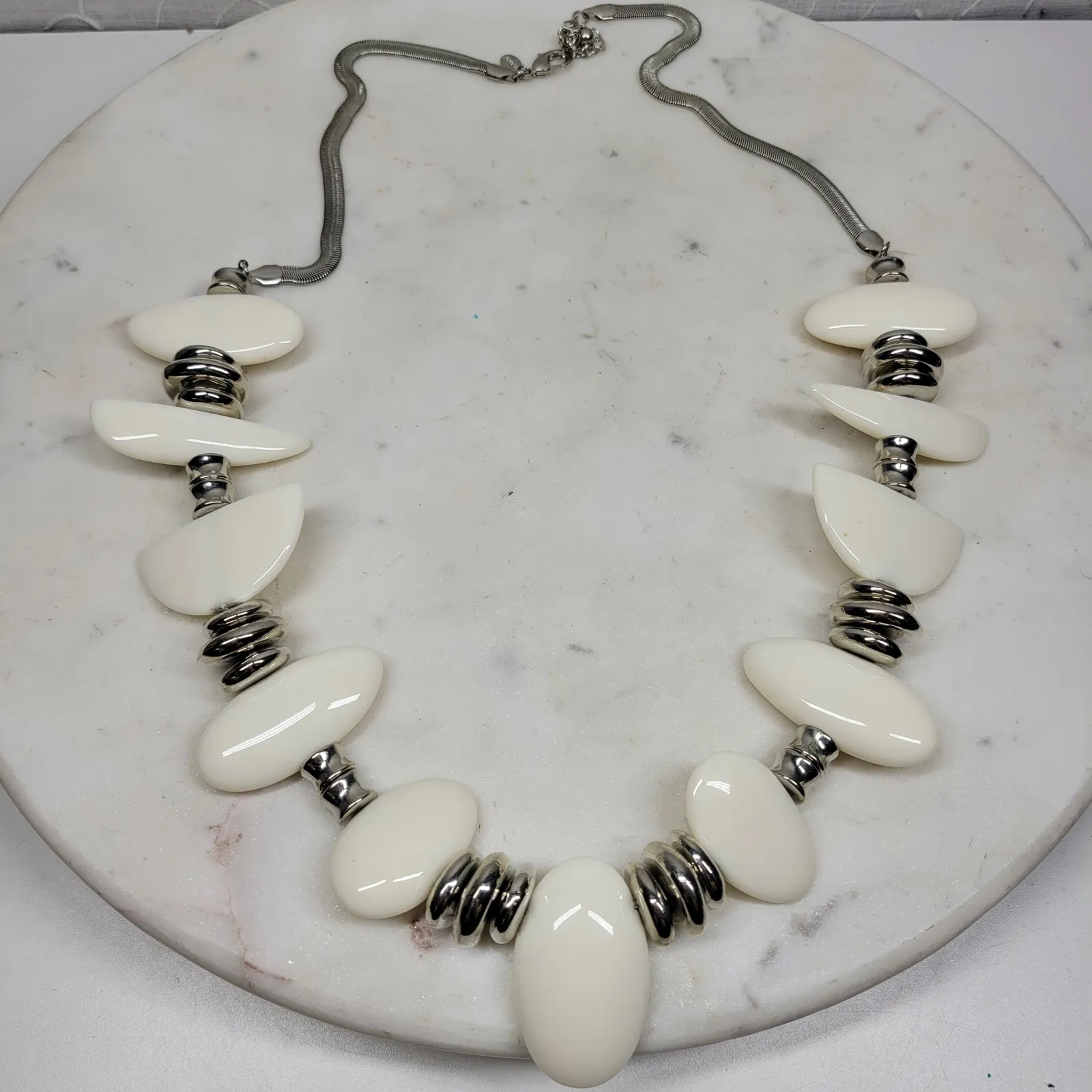 Chico's Statement Necklace White Silver Chunky Beads Snake Chain Modern - Image 12