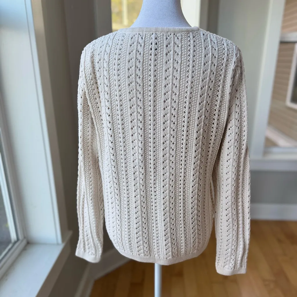 Vintage 90s Eddie Bauer Ivory Cream Crochet Cotton V Neck Cardigan Sweater Small - Image 4