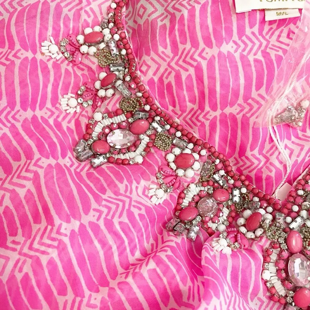 NWT Yumi Kim Maze Cover Up Jeweled Beaded Cinched Kaftan Hot Pink Sheer Size M/L - Image 9