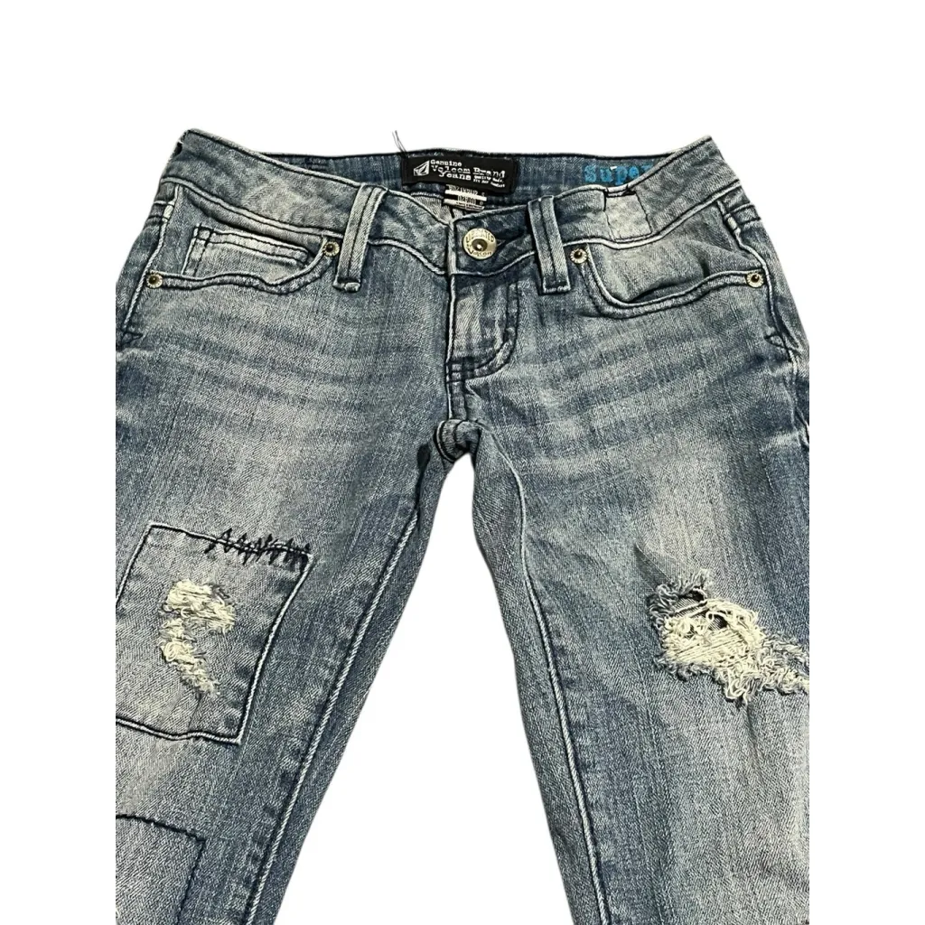 Volcom Jeans Womens Juniors Size 0 Super Skinny Low Rise Medium Wash Distressed - Image 2