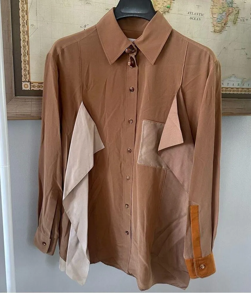 Burberry Camel Tan Draped Silk Blouse Women US2 - Image 2