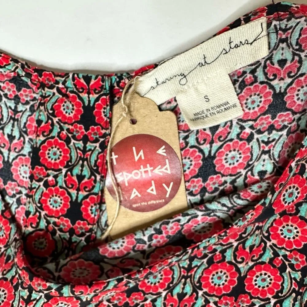 Staring at Stars Tunic Shirt Dress Boho Floral Cold Shoulder Red Blue Sz S NWOT - Image 9