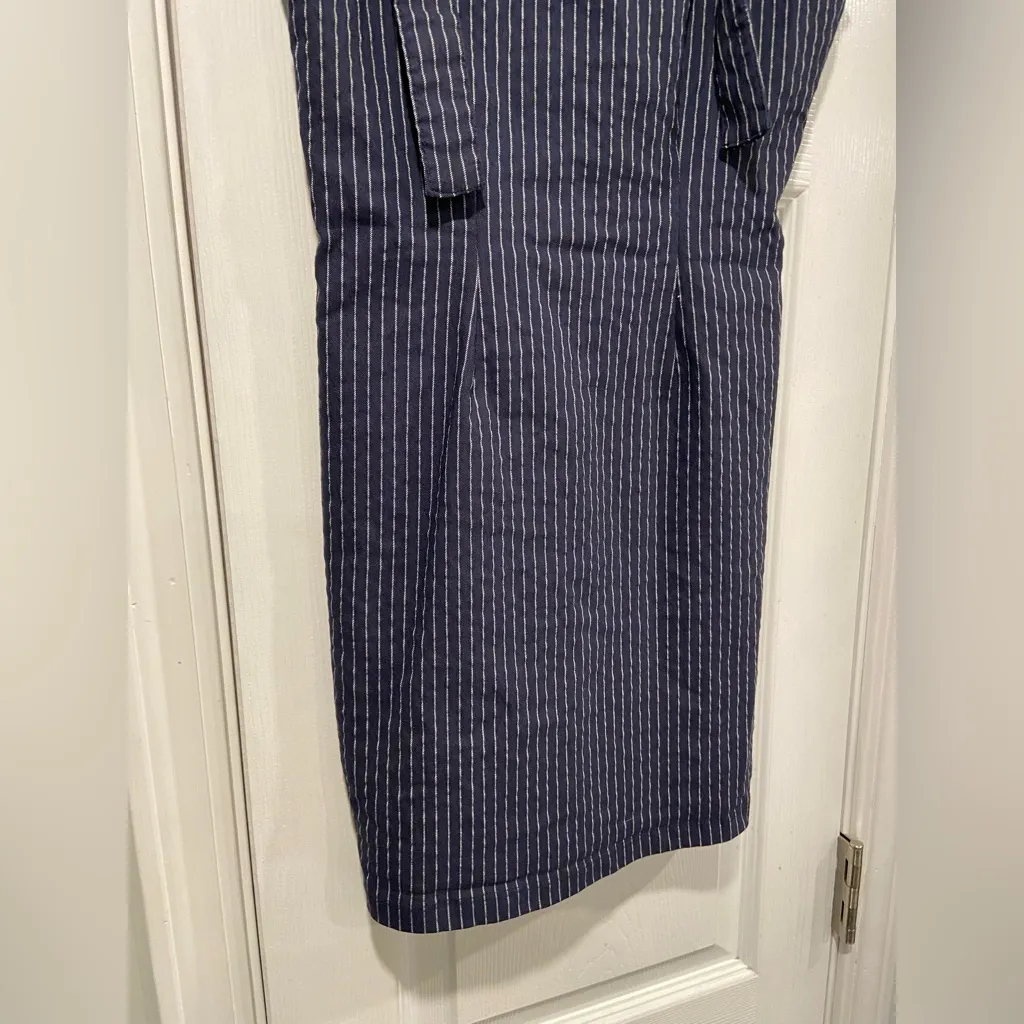 Forever 21 Size M Navy Blue Pin Stripe Overall Mini Dress Stretchy Zip Back - Image 4