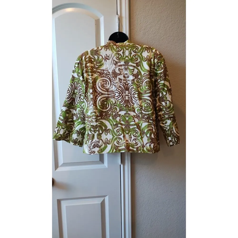 IVY Chic New York Open Front Jacket Women’s Sz M Green/Beige Swirl Pattern Boho Green Size M - Image 4