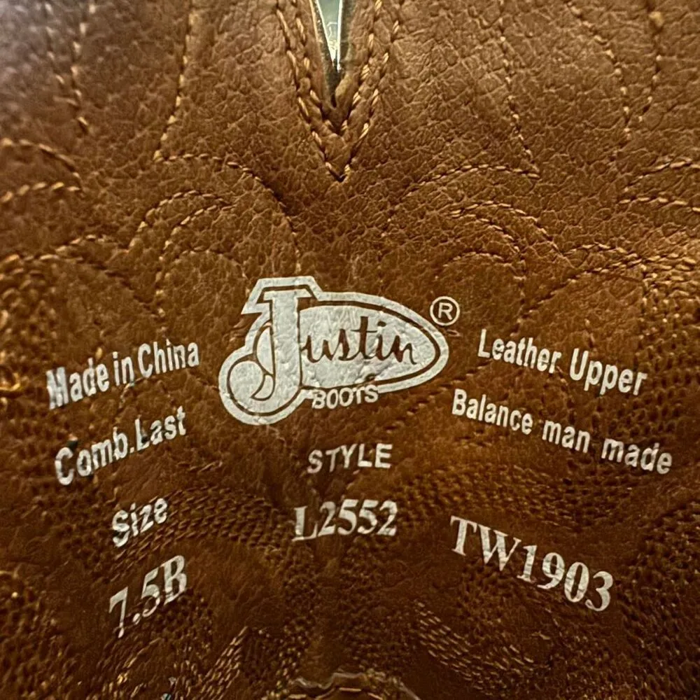 Justin Women's 12" Square Toe Stampede Western Cowboy Brown Boots size 7.5 - Image 7