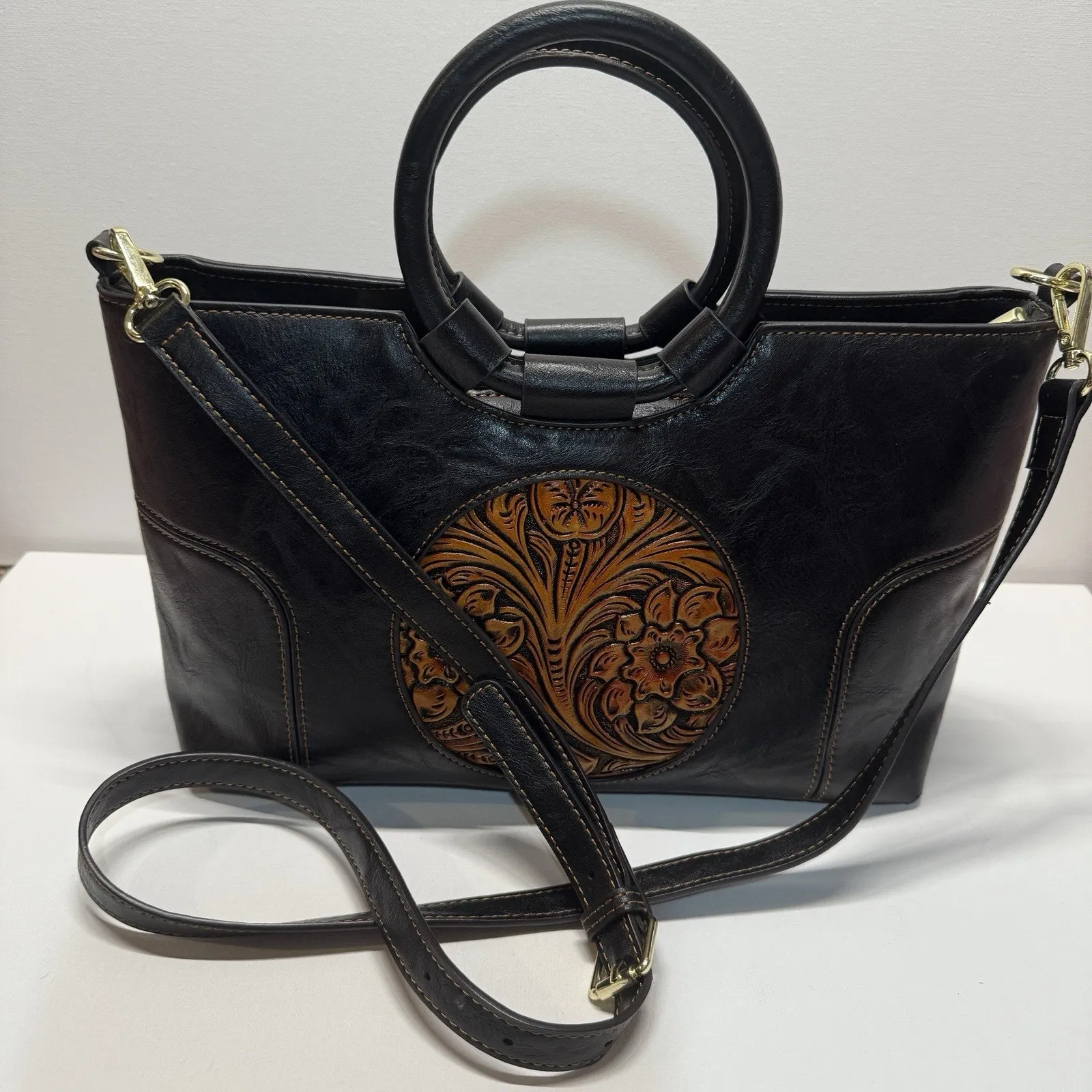 Carved Leather Retro Handbag Tote Purse w/ Floral Design - Image 10