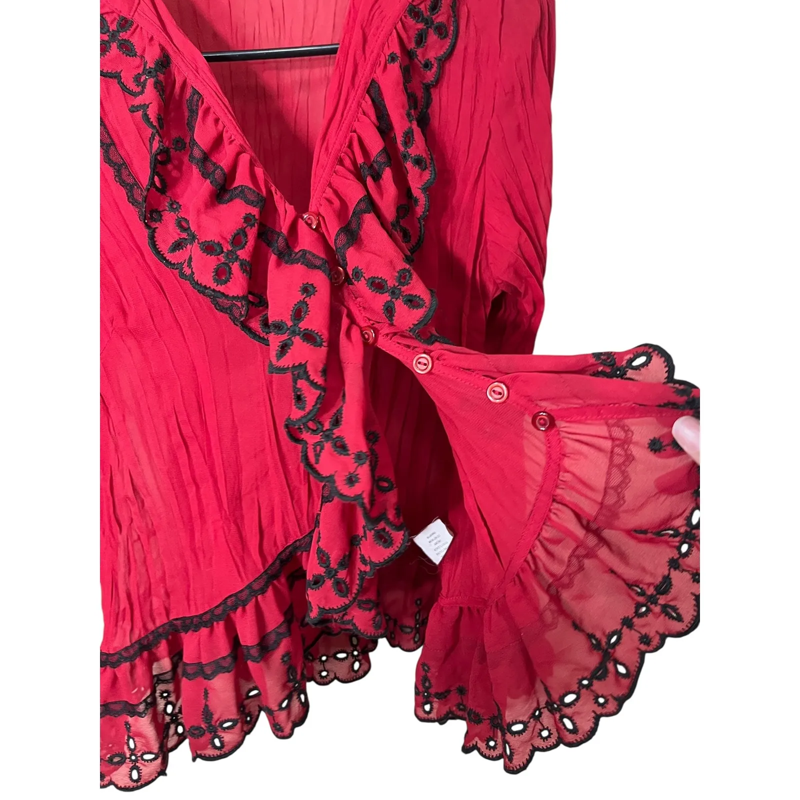 NY Collection Petite Blouse Red Black Ruffle Sheer‎ Button Down size S - Image 6