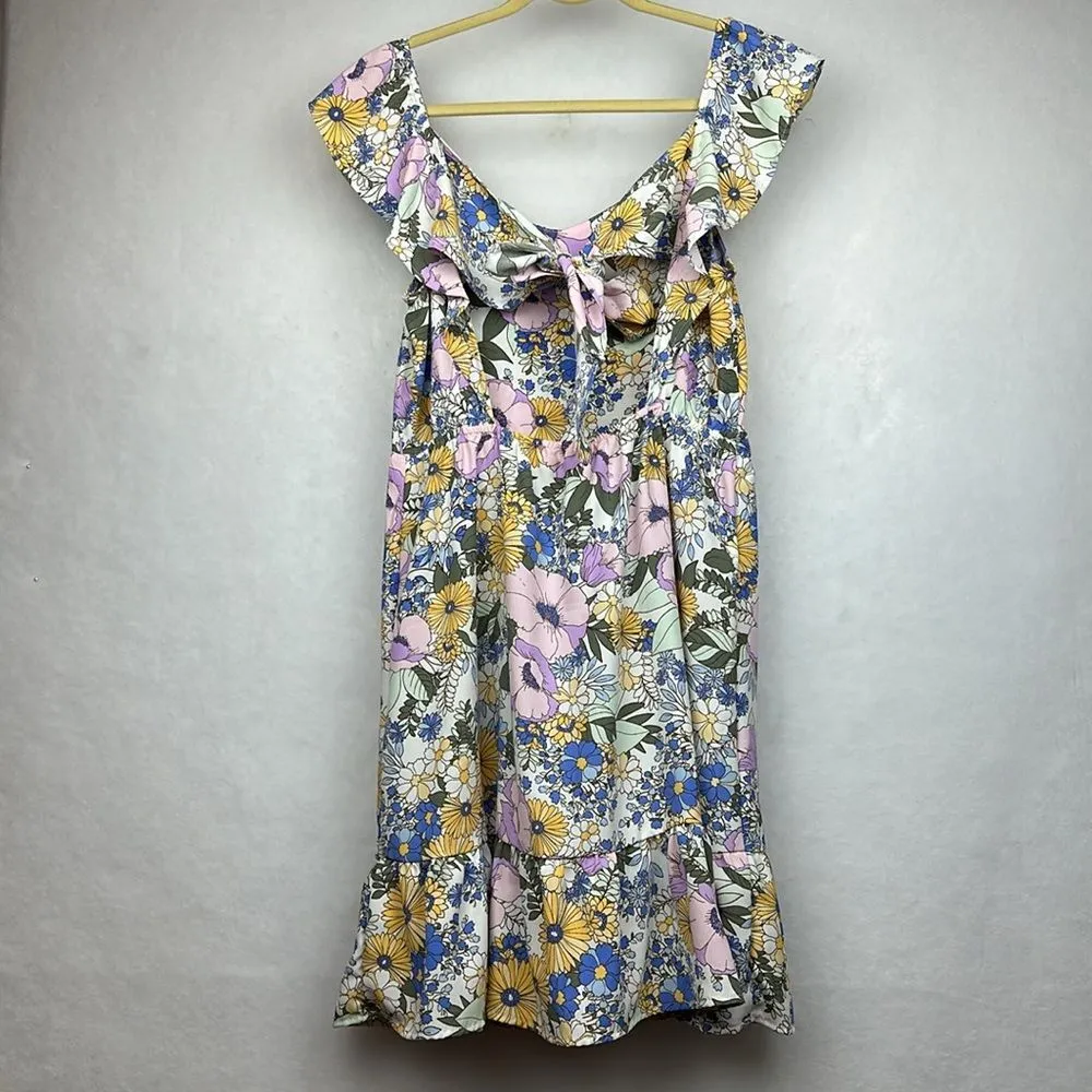 Purple Boho Floral Print Ruffled Square Neck Dress Sz M Tie Back - Image 9