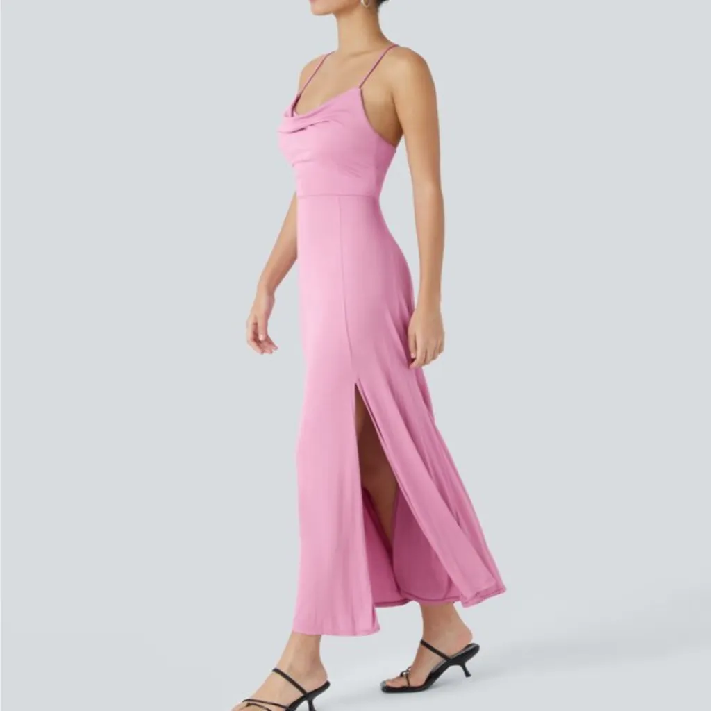 Halara Backless CrissCross Slit Midi Dress Lace Up Long Cowl Neck Pink Lilac NWT - Image 6