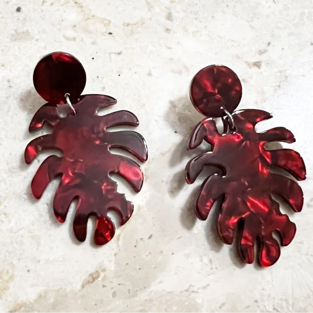 Ruby Monstera Leaf Resin Earrings Red - Image 3
