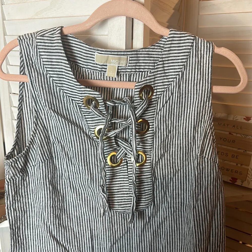 Michael Michael Kors Eyelet Criss Cross Striped Tank Top Ljnen Blend - Image 3