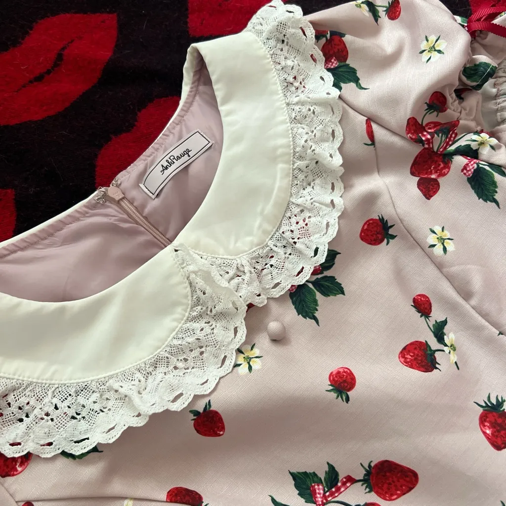 Ank rouge Japan kawaii dusty pink strawberry print dress S - Image 3