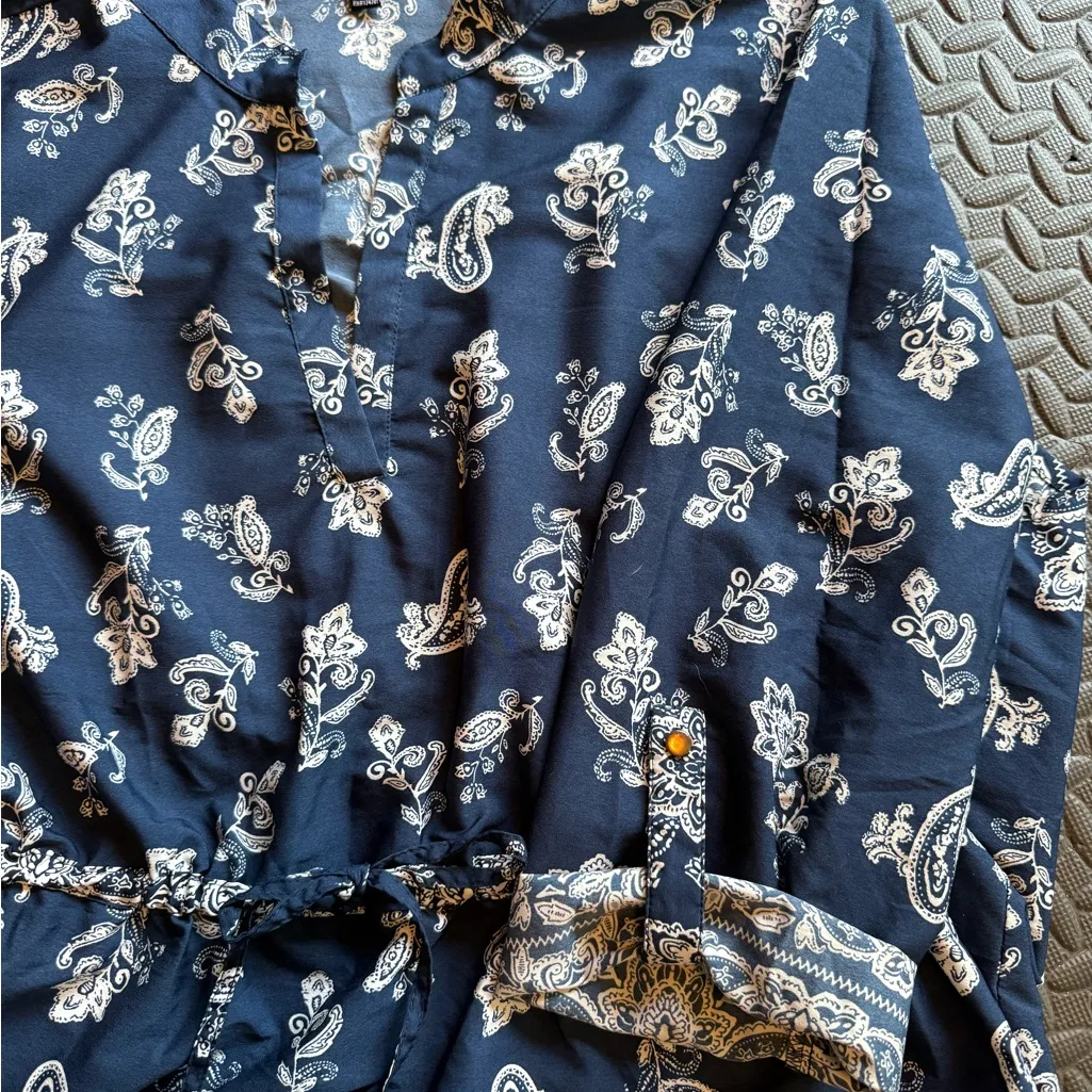 Time To Bloom Chic Navy Paisley Midi Dress With Drawstring Waist White Size 2X - Image 3