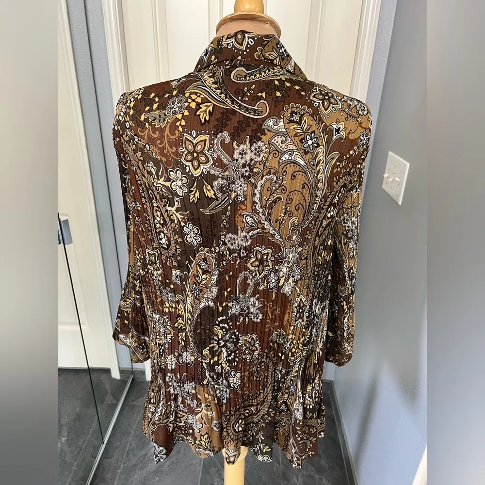 Vtg New York City Design Co Brown Floral Paisley Crinkle Retro Button Up Blouse‎ Size 2X - Image 5