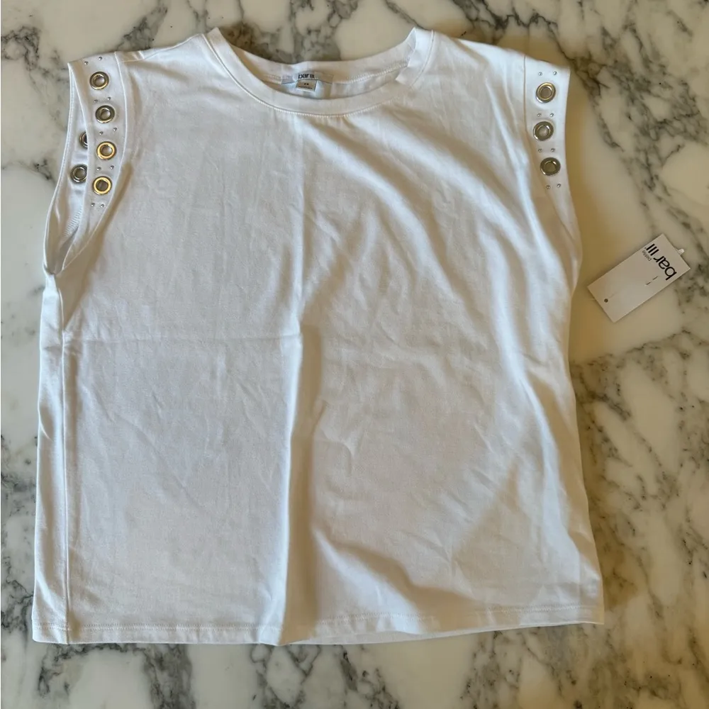 NWT Bar III White Petite Crewneck Grommet-Trim-Sleeve Top SZ Petite Small - Image 5