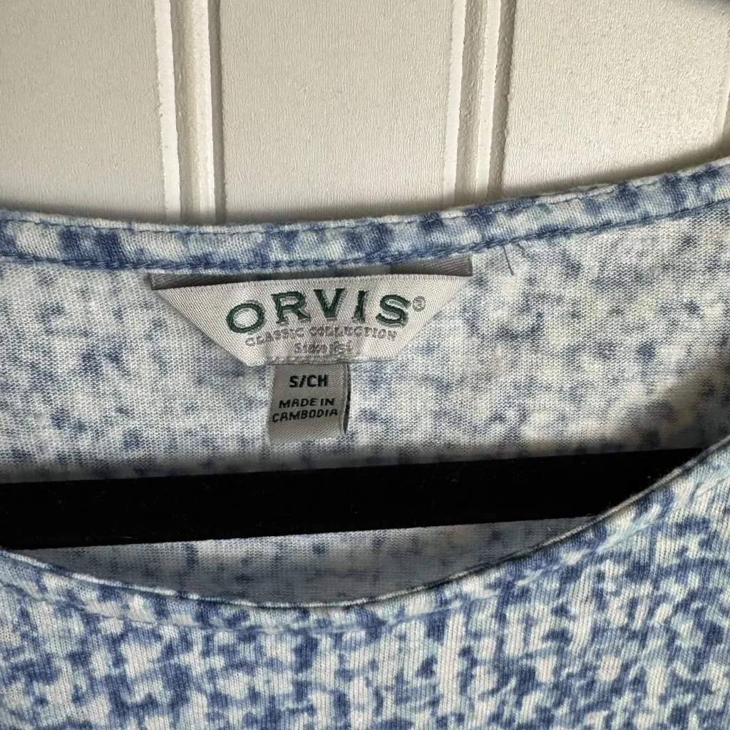 Orvis  Linen Blend Blue Pattern Short Sleeve Top H20 - Image 4