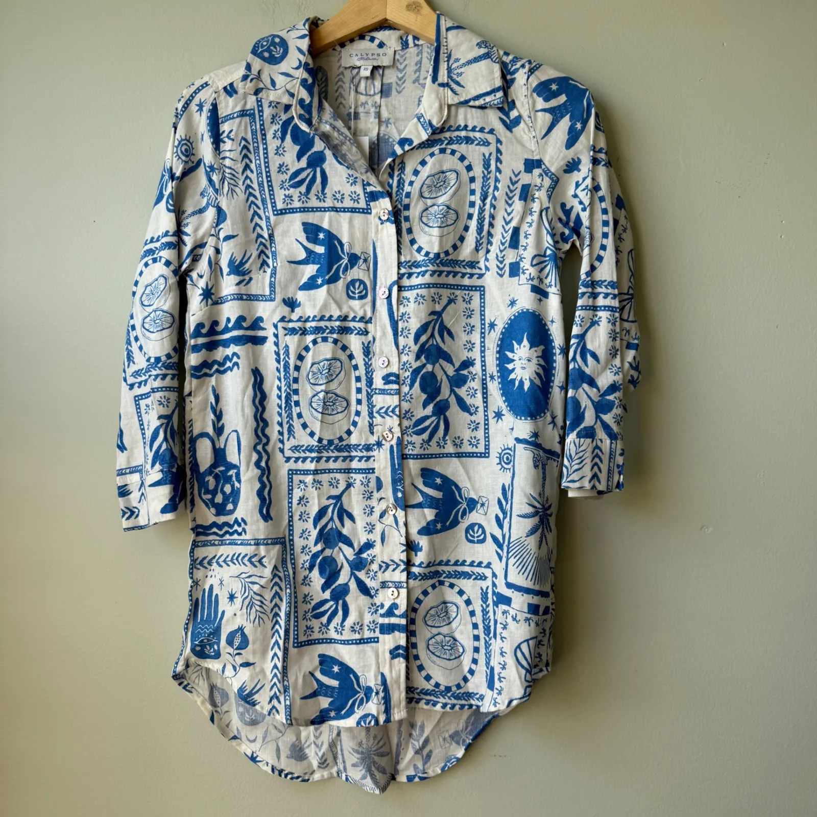 Calypso St. Barth XS Blue & White Print Button Down Top Shirt Linen - Image 2