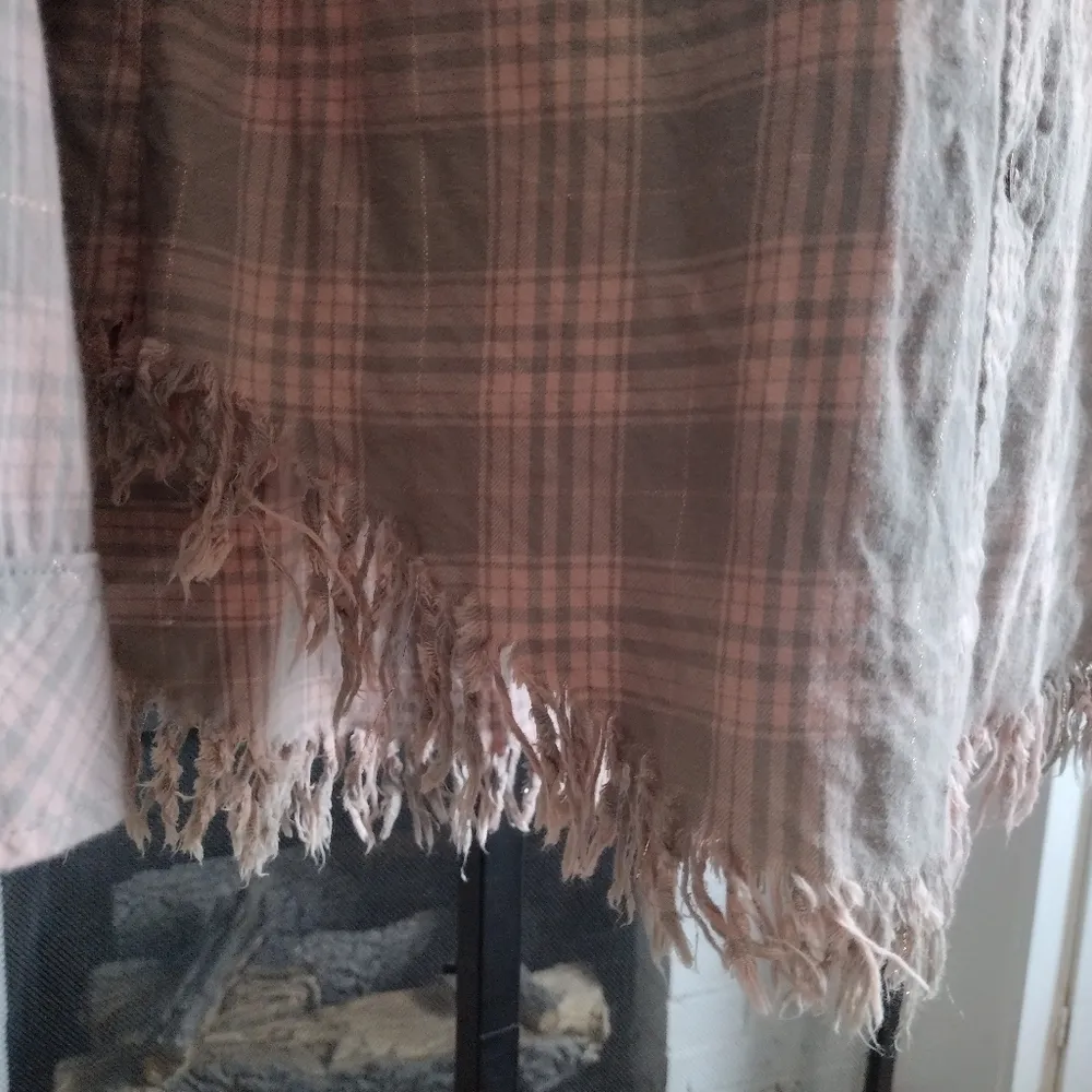 Current/Elliott Plaid Button Down Shirt, Pink And Gray w/ Fringe Bottom - Image 2