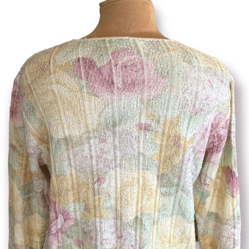 Vintage 90s Sweater Rose Flower Detail Pink Light Yellow Knit Pullover Crewneck Size M - Image 5