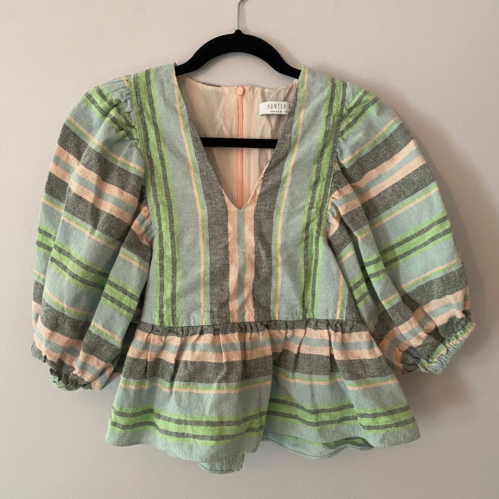 Hunter Bell New York Pink Green Blue Stripe Puff Sleeve Blouse Women size Small - Image 2