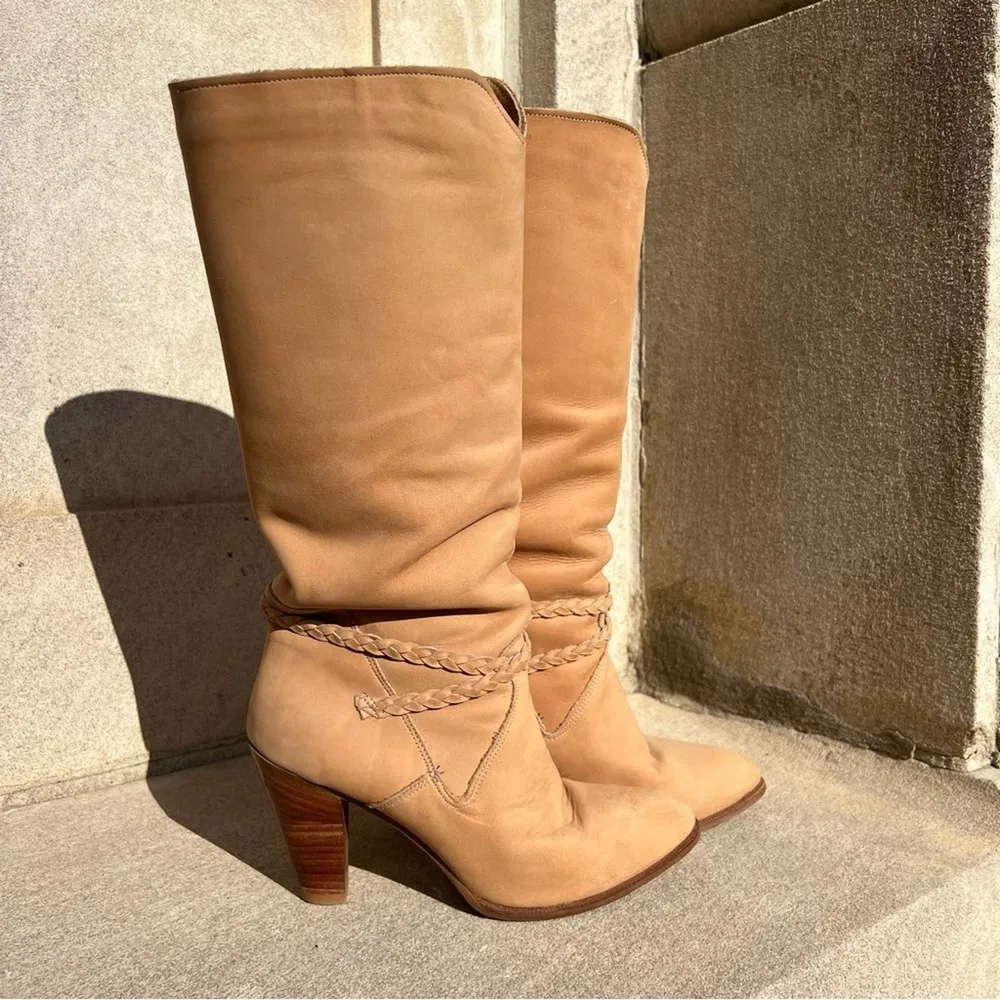 Vintage Dingo 80s high heeled suede yellow tan leather braid detail boots - Image 3