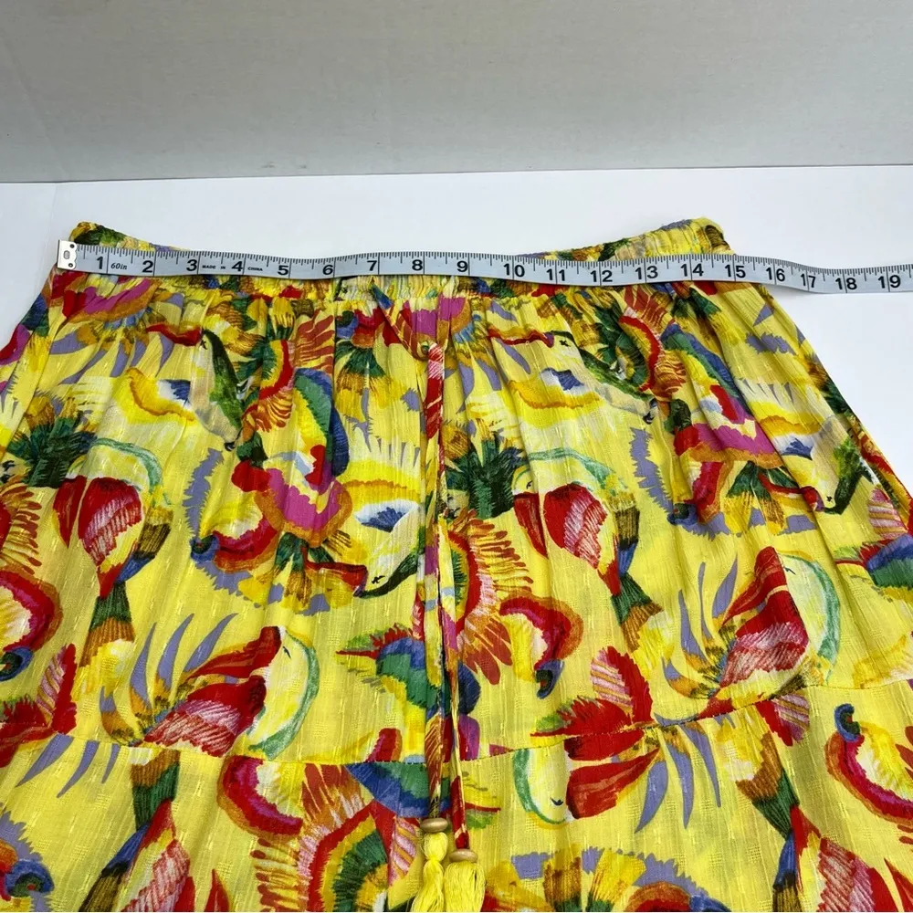 Christian Siriano Tiered Boho Tropical Midi Skirt Size Medium Yellow Toucan Bird - Image 9