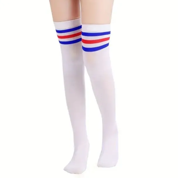 Red Blue Stripe Over the Knee Thigh High Socks White - Image 4