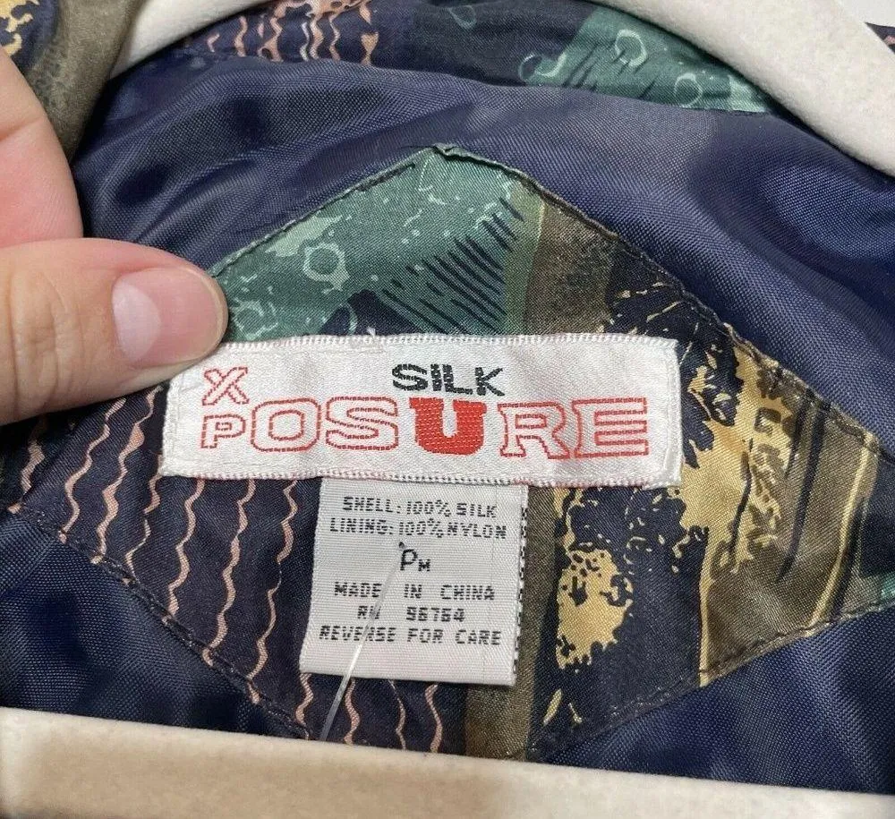 Vintage Deadstock 100% Silk Bomber Jacket Size Petite Medium Abstract Patchwork - Image 5