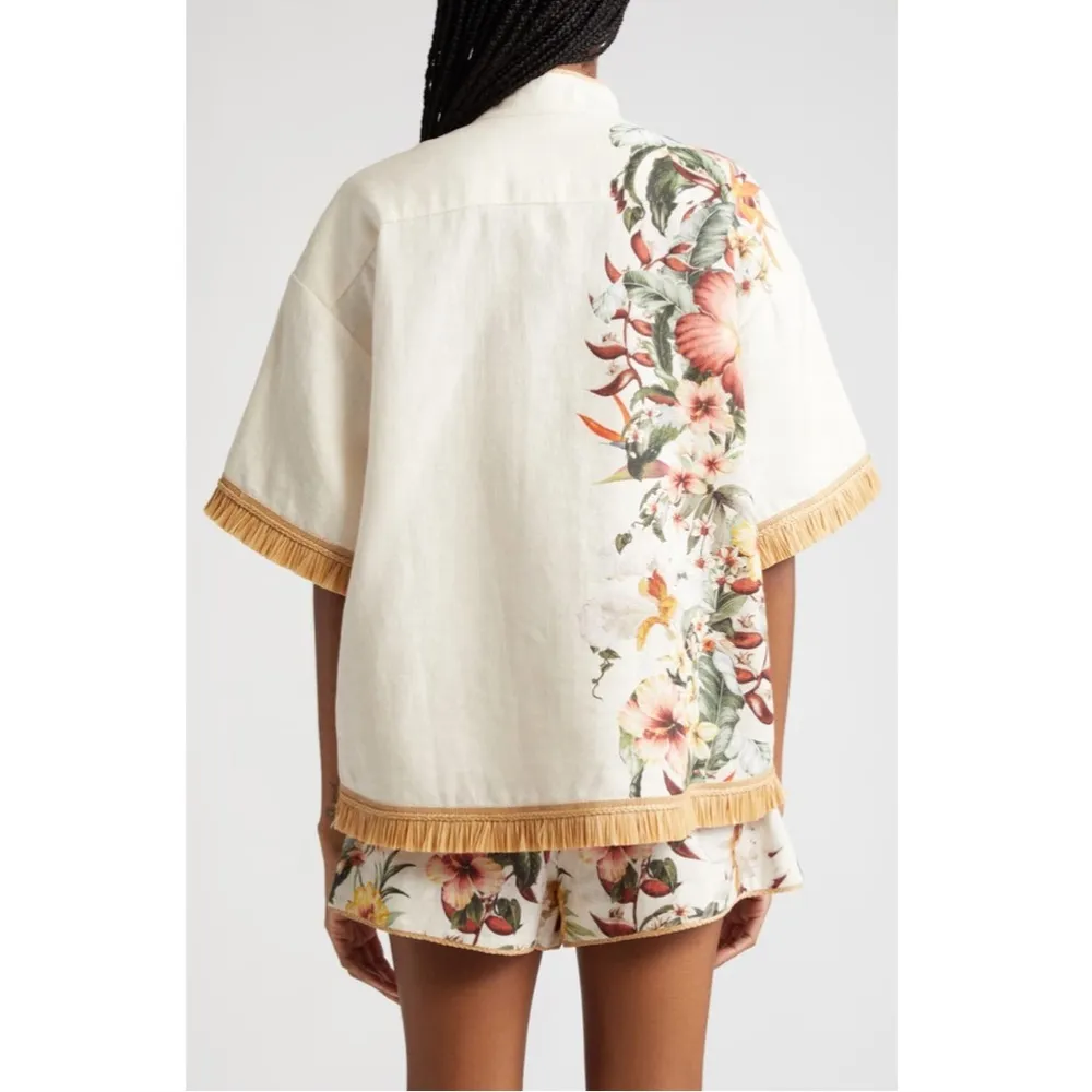 Zimmermann Lexi Tropical Floral Raffia Trim Button Up Shirt Ivory Palm 10 NWT - Image 2