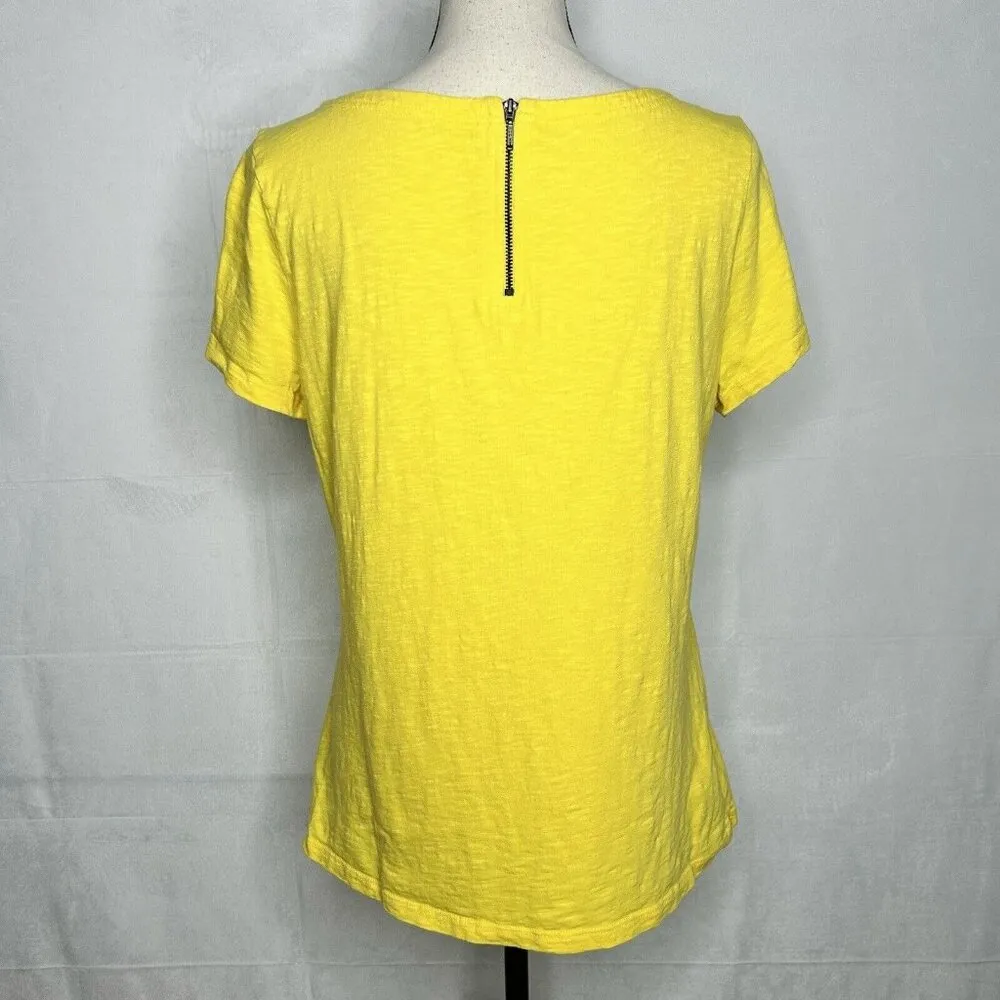 Talbots Shirt Top Womens Sz M Yellow Short Sleeve Back Zip Boat Neck 100% Cotton - Image 7