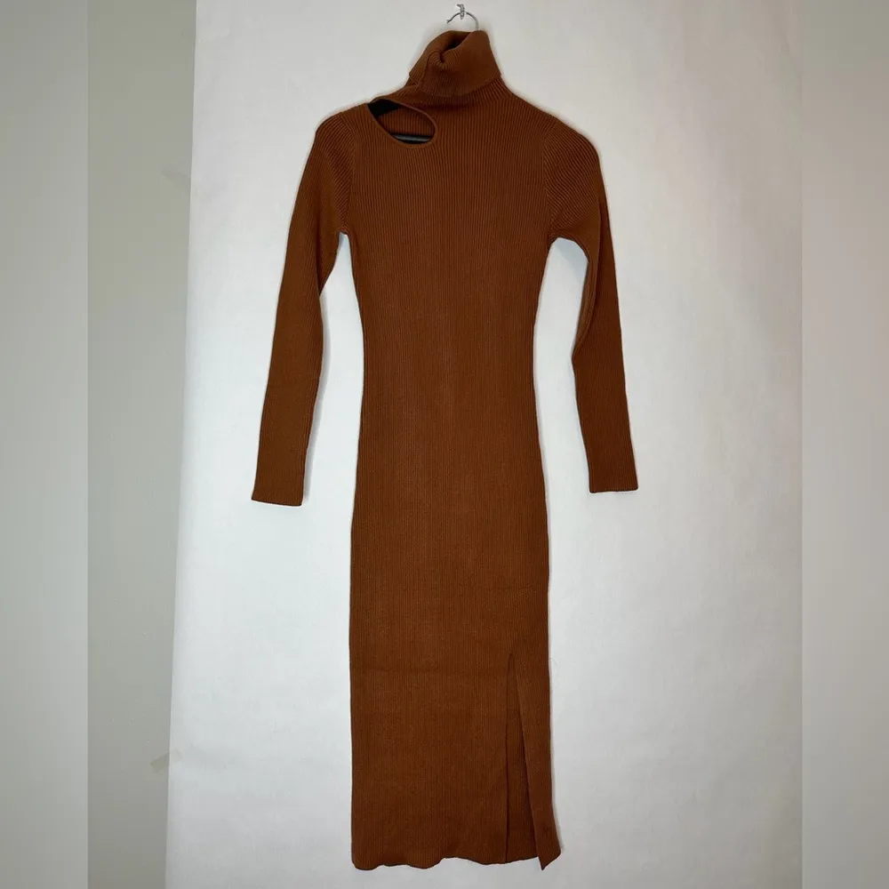 CAARA Ribbed Cutout Turtleneck Midi Sweater Dress - Image 7