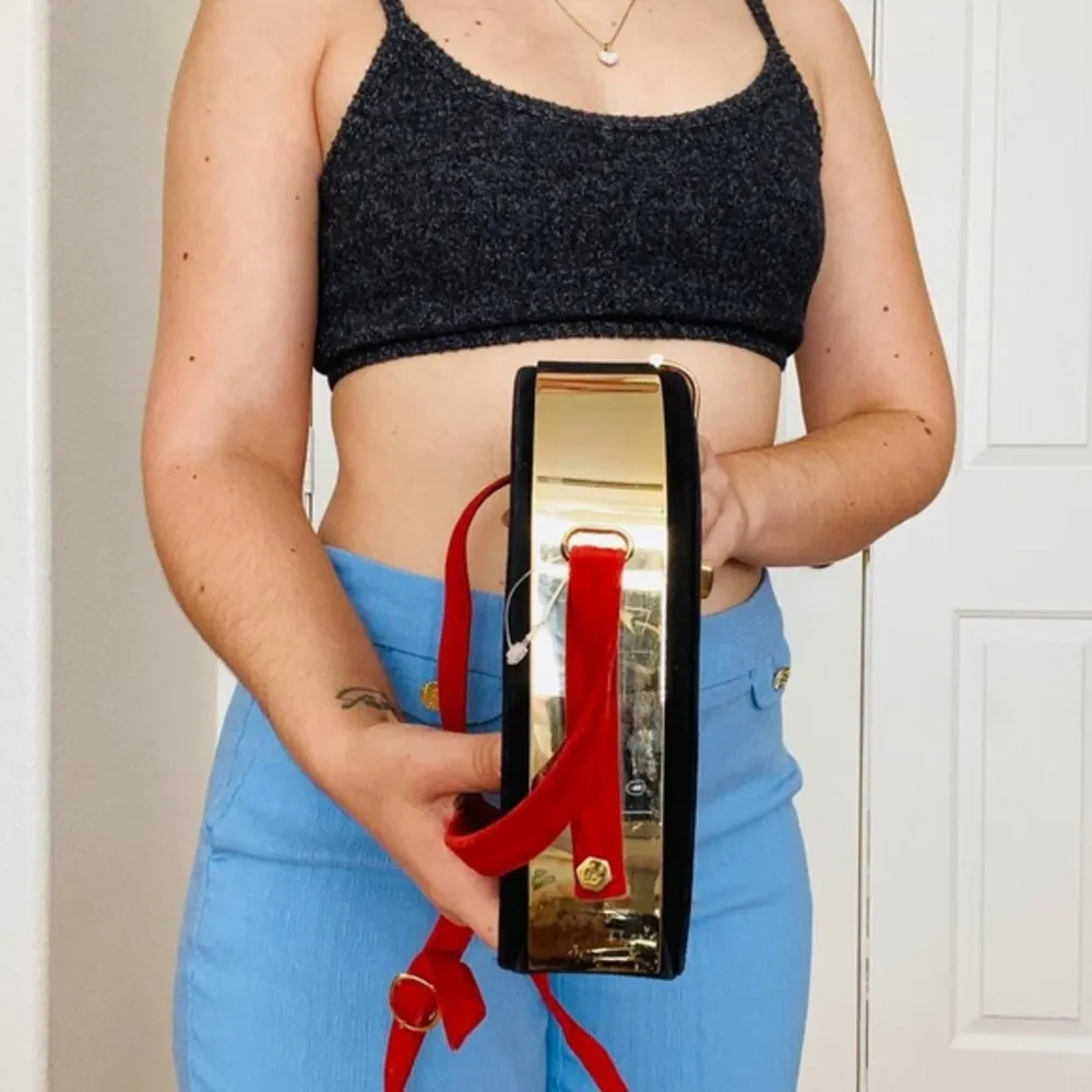 Vintage 80s crossbody crushed velvet purse with gold strip across the top Black - Image 3