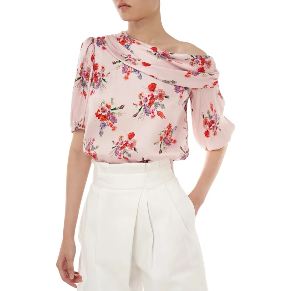 AMUR Betty Off The Shoulder Top / Baby Pink Floral Satin Blouse Size Large‎ $339 Red - Image 2