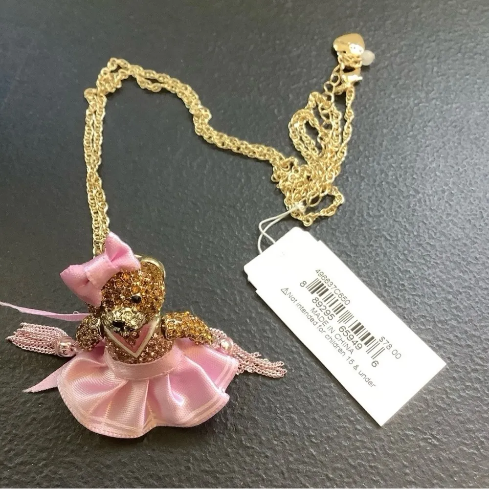 Betsey Johnson Cheerleader Necklace Gold Tone Pink Bear Crystal Pom Poms Movable - Image 5