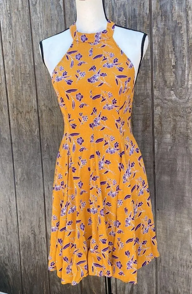 Urban Outfitters Kimchi Blue Mustard Yellow Floral Mock Neck Mini Dress Size S - Image 2