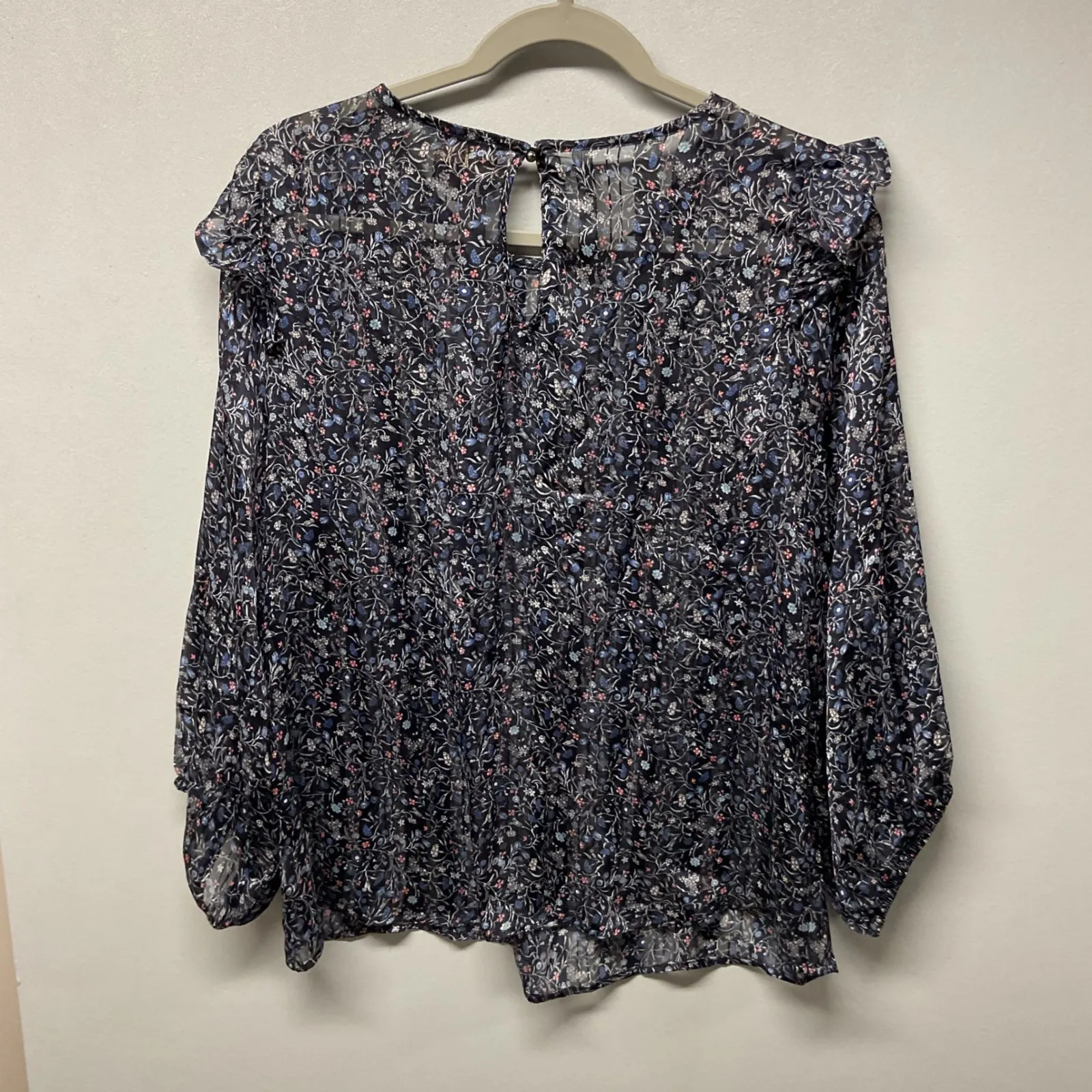 W5 Women's L Floral Print Long Sleeve Ruffle Blouse Top - Image 2