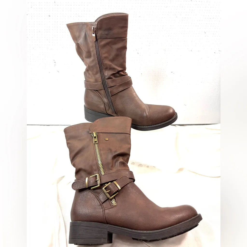 Global Win 9 Women's Brown Faux Leather Slouch Buckle Zip Heeled Boots Tan - Image 4