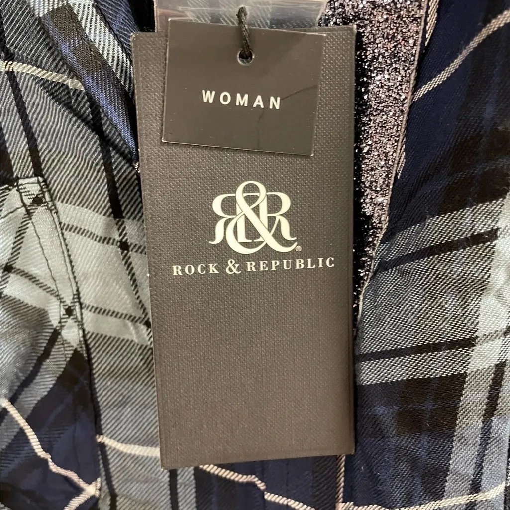 Rock & Republic Blue Gray Plaid Button Up Shirt Top Blouse Women 3X NWT NEW - Image 8