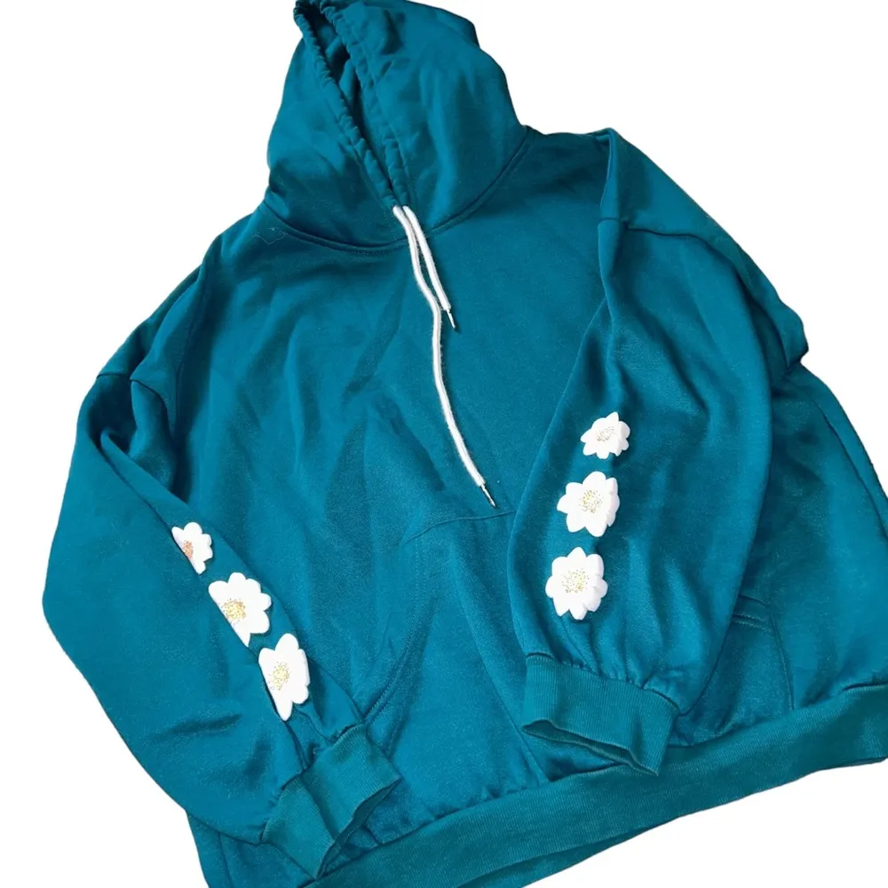 Aqua Teal Blue Shein Hoodie White Floral Design Women’s Size Large Jacket Coat! - Image 2