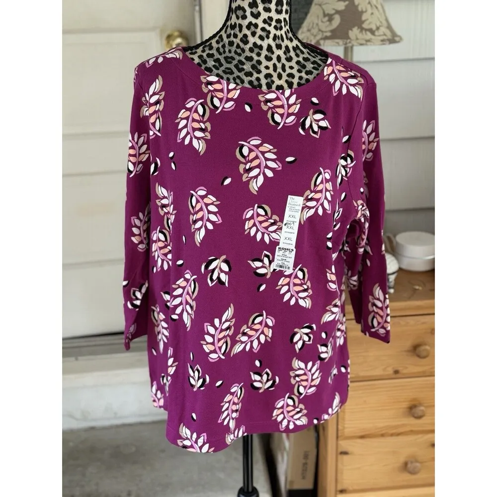 Croft & Barrow Women's Size XXL Plum Leaf Boatneck Top 3/4 Sleeve NWT Cotton GD - Image 3