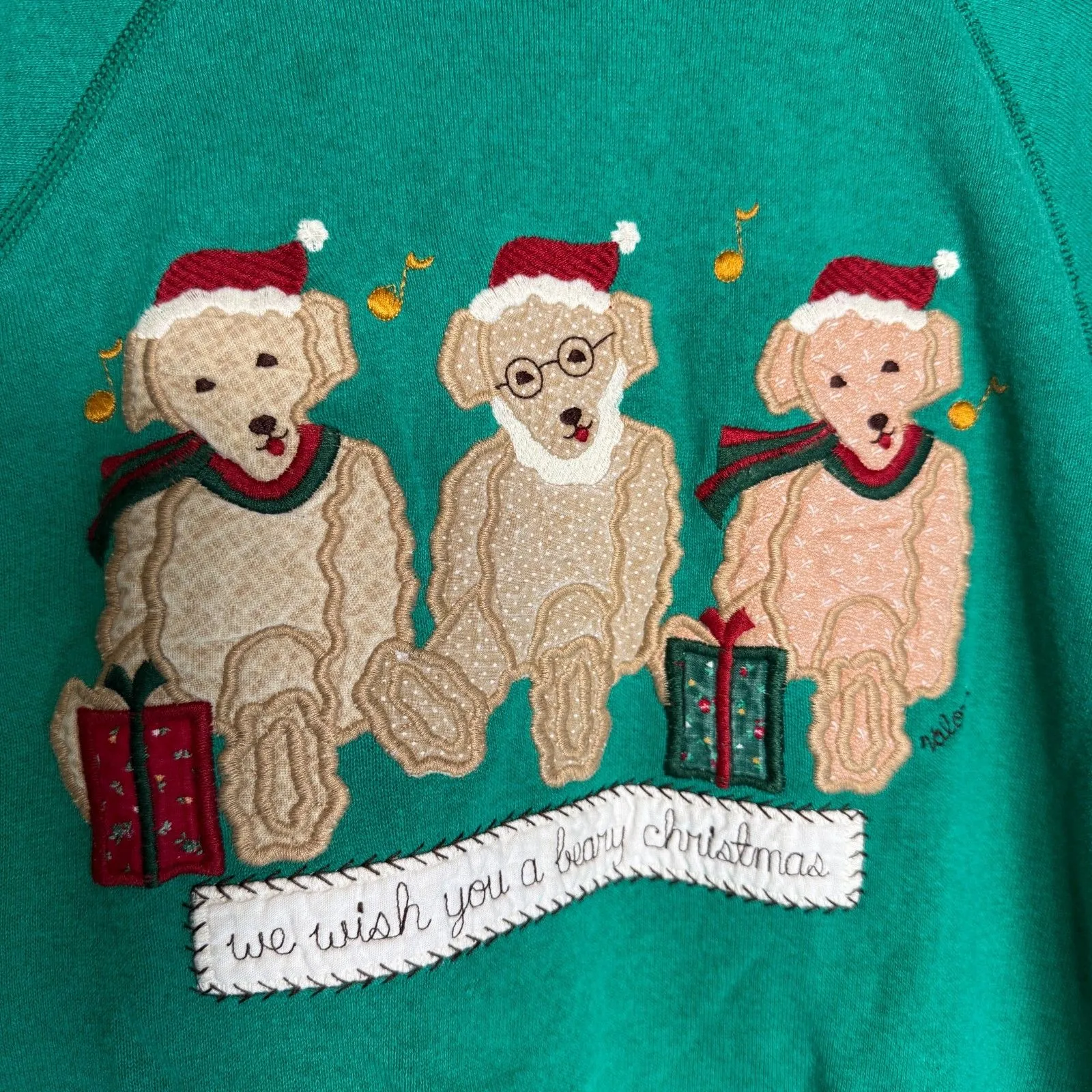 Valerie Sockwell Folk Art‎ Christmas Green Shirt Womens Large Bears 90s Vintage - Image 3