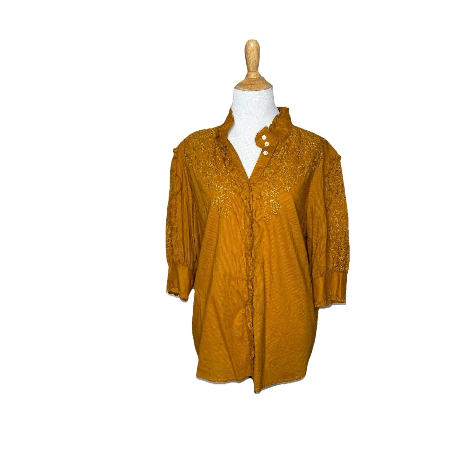 J.Crew Mockneck embroidered Eyelets Ruffles blouse Goldenrod Yellow Size Large - Image 2