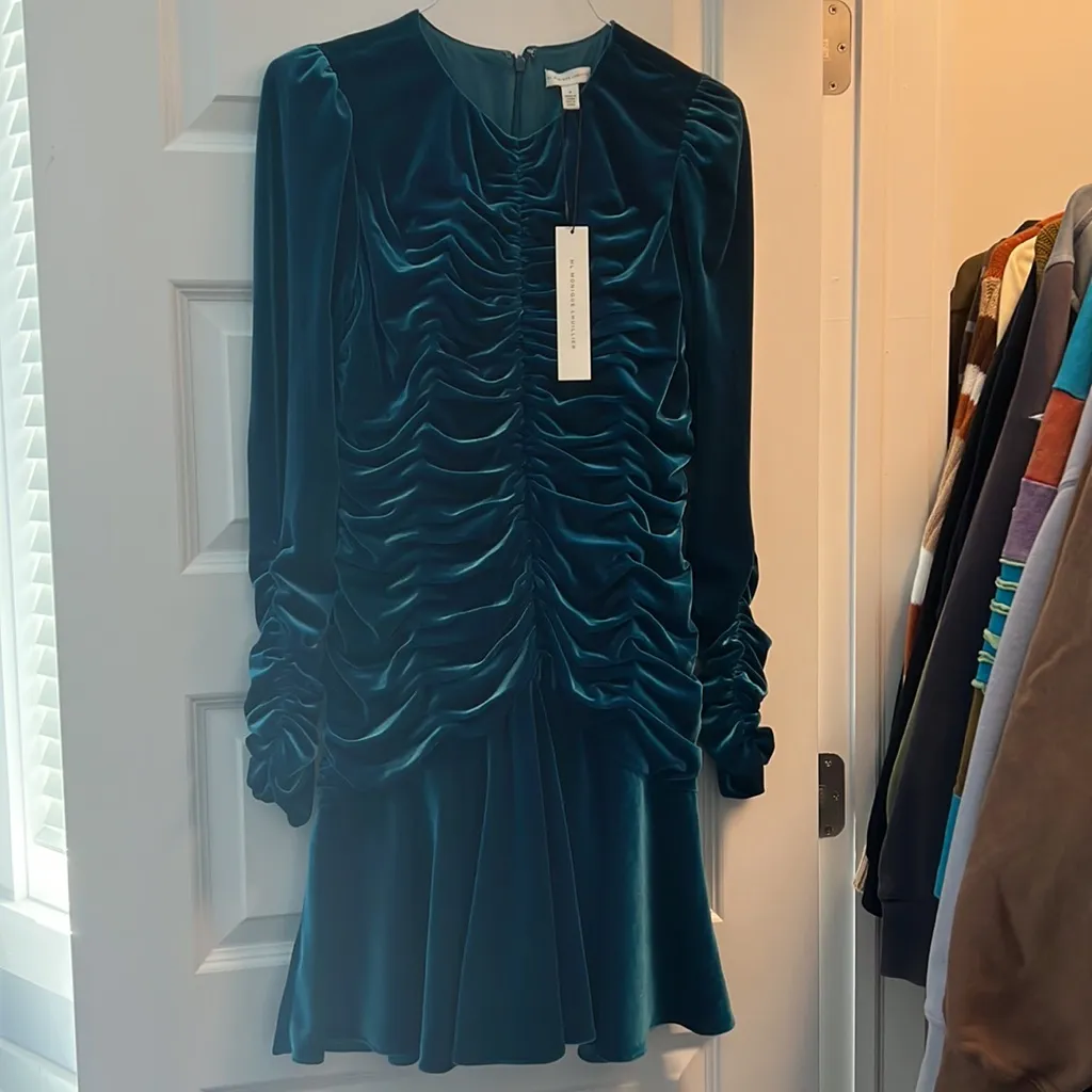 ML MONIQUE LHUILLIER metalic turquoise, blue long sleeve dress - Image 6