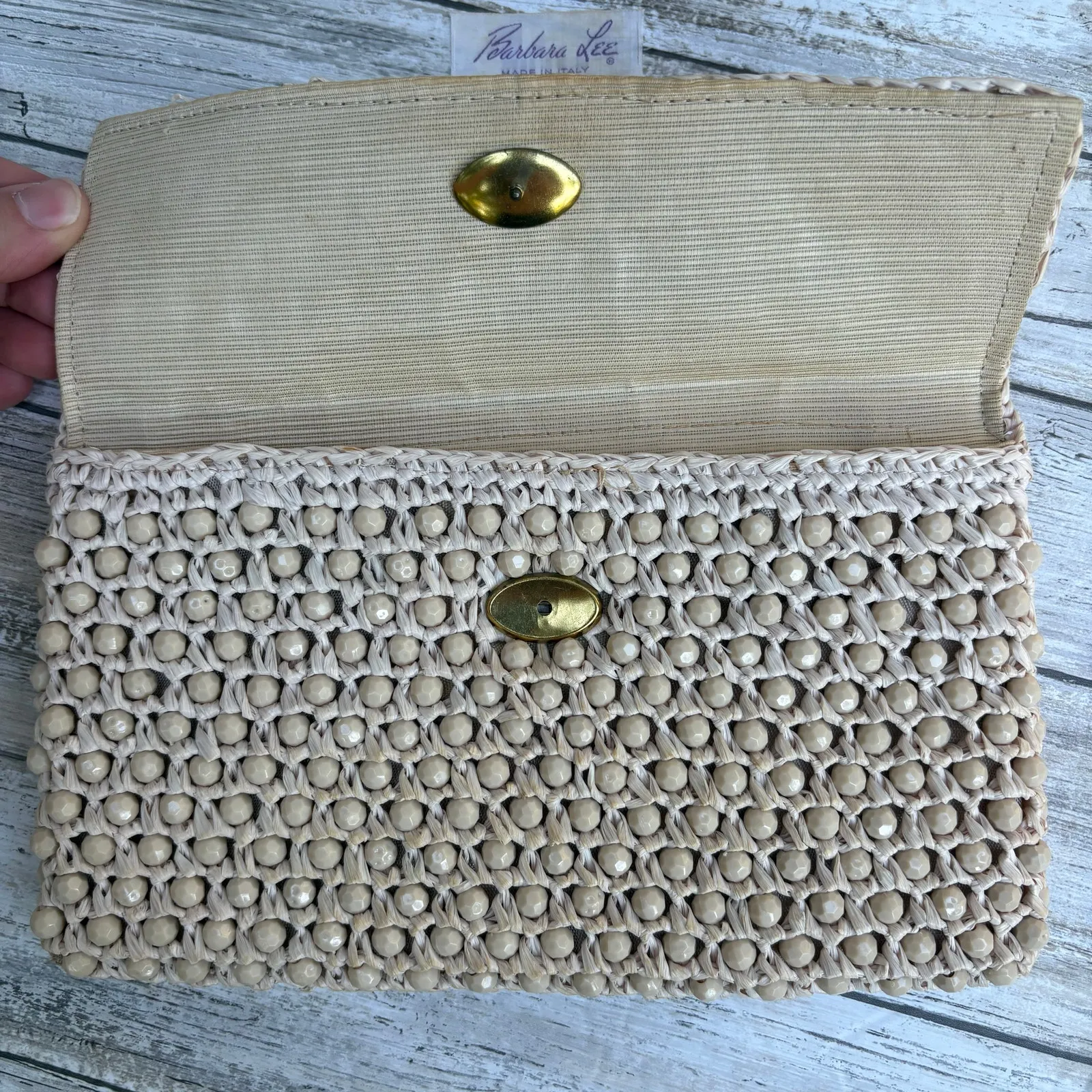 VTG Barbara Lee Purse Cream Beaded Rattan Straw Clutch Small Made in Italy - Image 4