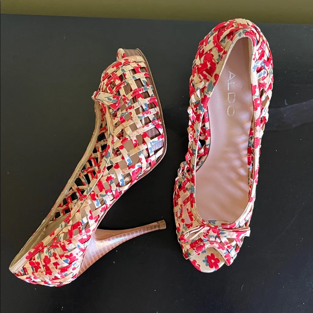 Aldo floral print peep-toe basket weave platform heels - Image 12
