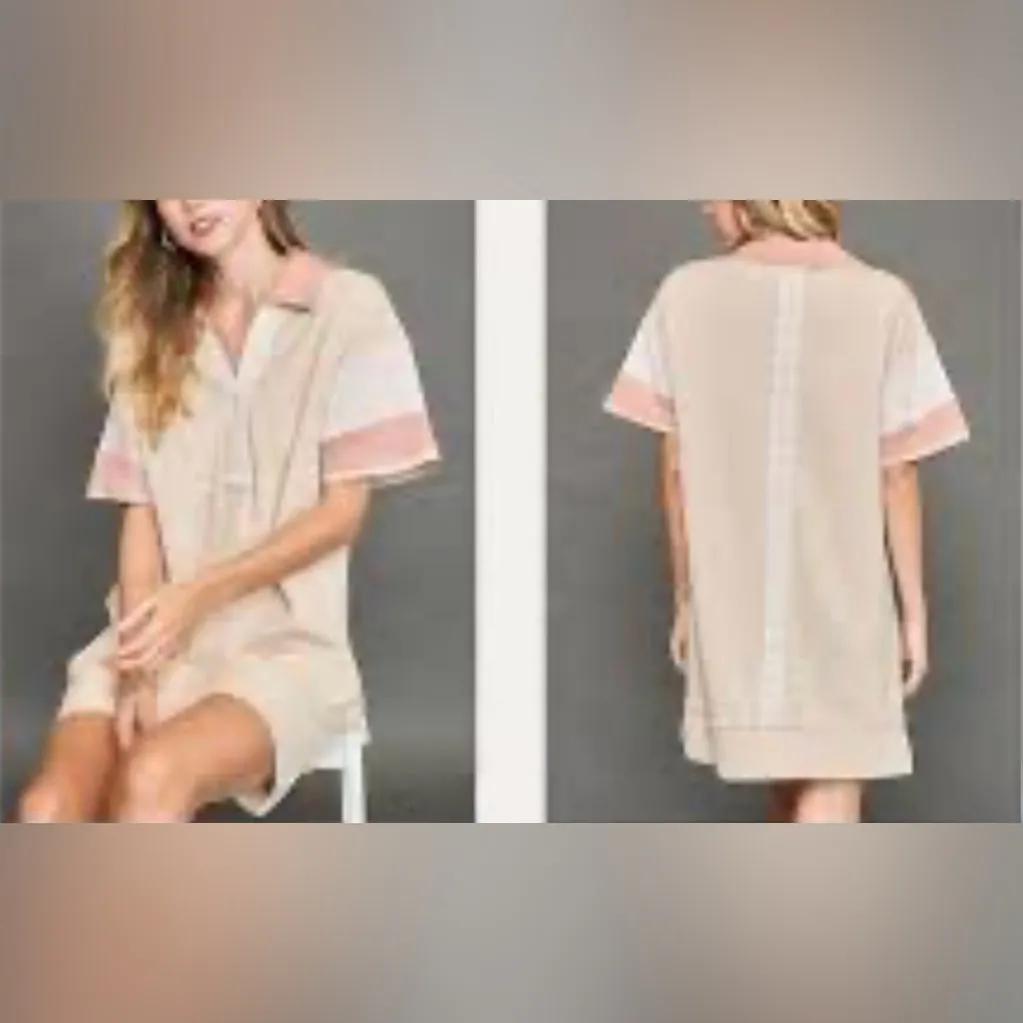 🆕Umgee Cream and Pink Striped T Shirt Dress M🆕 - Image 2