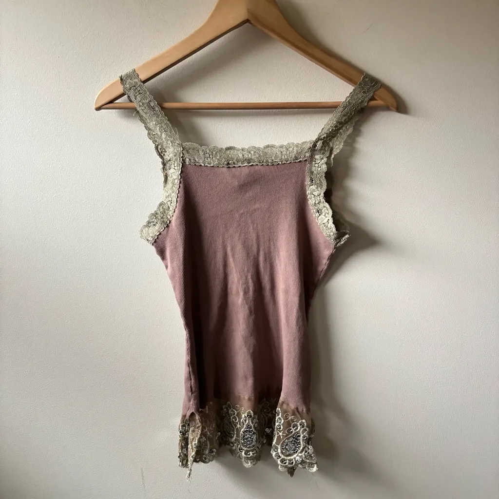 Y2K Licorice Cotton Lace Tank Top Brown Size L - Image 4