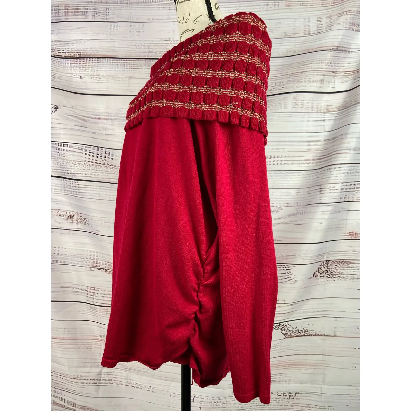 Pina Rossi Sweater Womens 1X Long Sleeve Ruched Sides Cowl Red Off On Shoulder - Image 4